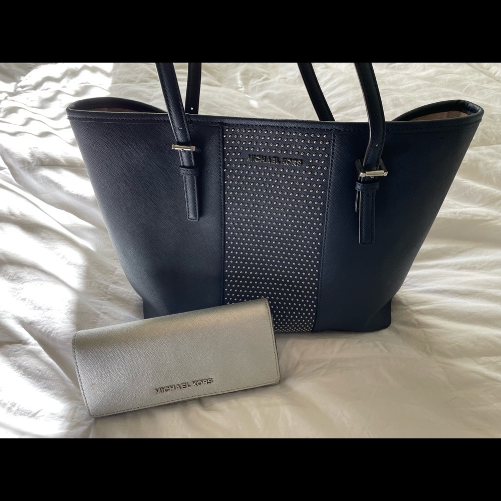 Navy blue studded Michael Kors purse with matching wallet
